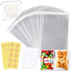 300 pcs 4×6 inches clear resealable cellophane bags with 40 pcs blank self-adhesive label paper and 40 pcs thank you stickers for bakery, candle, soap, cookie poly bags