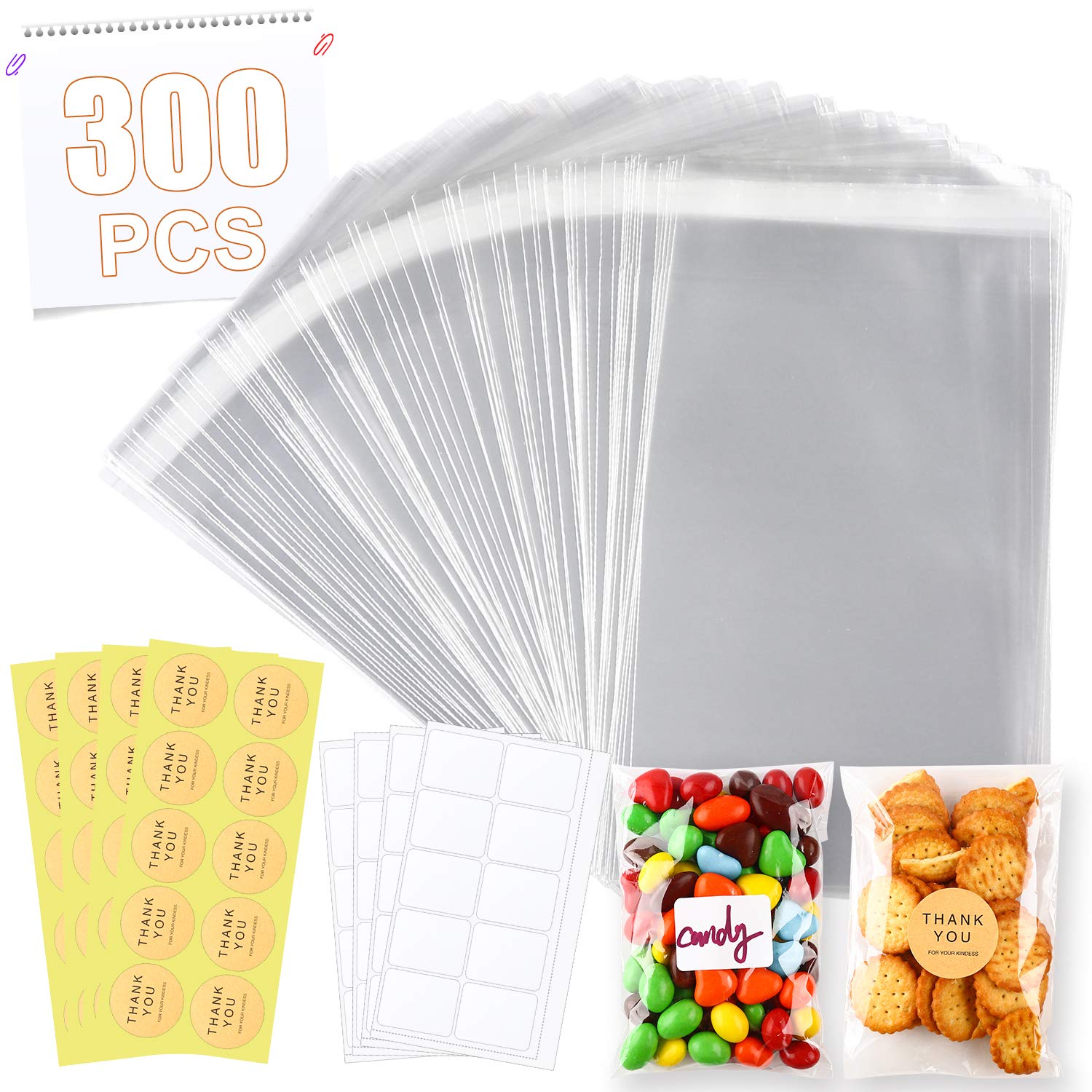 300 PCS 4×6 Inches Clear Resealable Cellophane Bags with 40 PCS Blank Self-adhesive Label Paper and 40 PCS Thank You Stickers for Bakery, Candle, Soap, Cookie Poly Bags