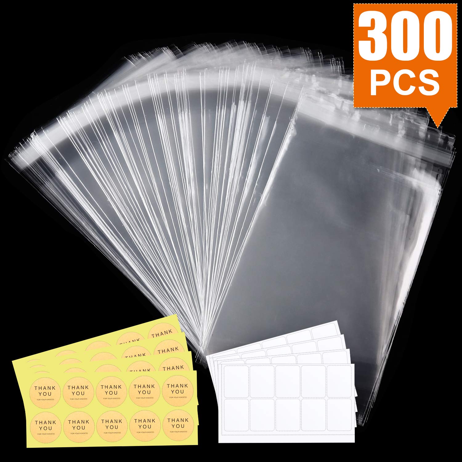 300 PCS 4×6 Inches Clear Resealable Cellophane Bags with 40 PCS Blank Self-adhesive Label Paper and 40 PCS Thank You Stickers for Bakery, Candle, Soap, Cookie Poly Bags