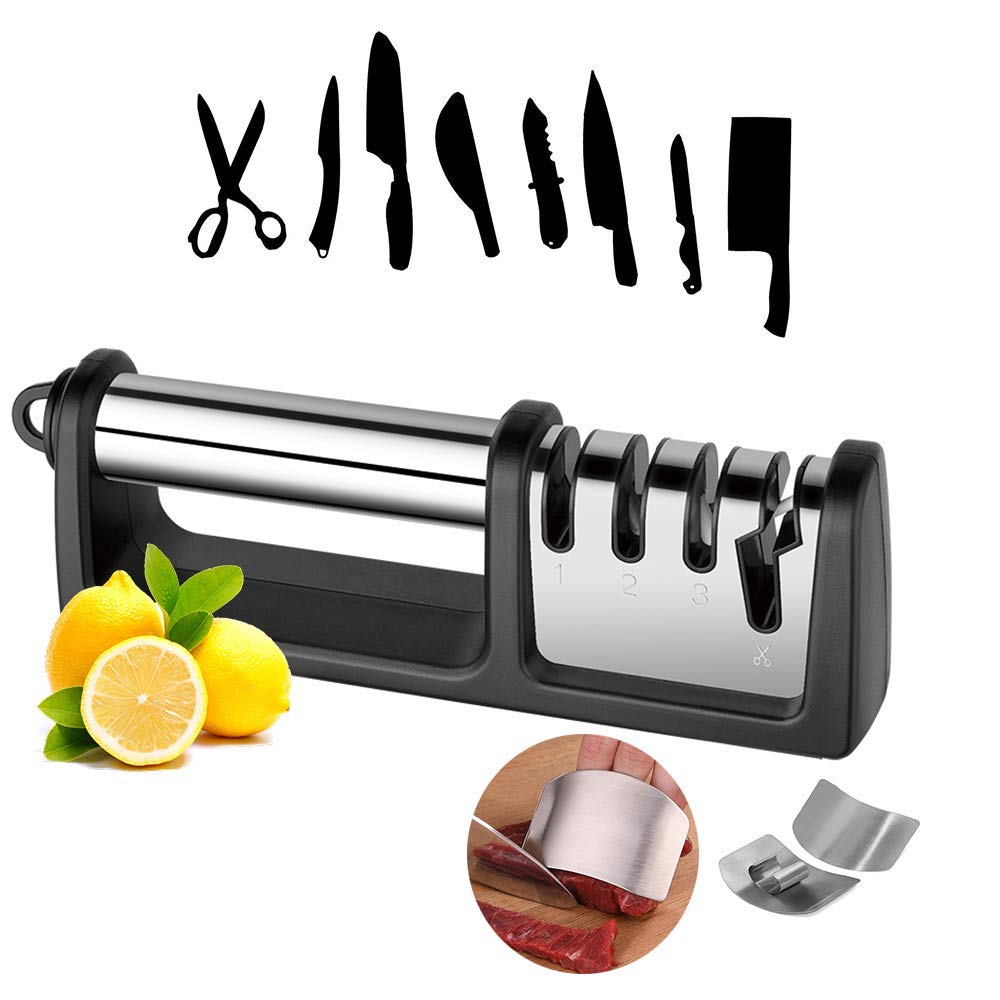 Knife Sharpener 4-Stage Kitchen Knife and Scissor Sharpeners With 304 Finger Guarder and Cleaning Brush