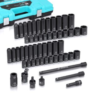 duratech 55-piece socket set, 1/2’’ & 6 point impact socket set, 7 accessories included, 24 both standard impact sockets and deep impact sockets in sae (3/8’’ to 1-1/16’’) & metric (12 to 27mm)