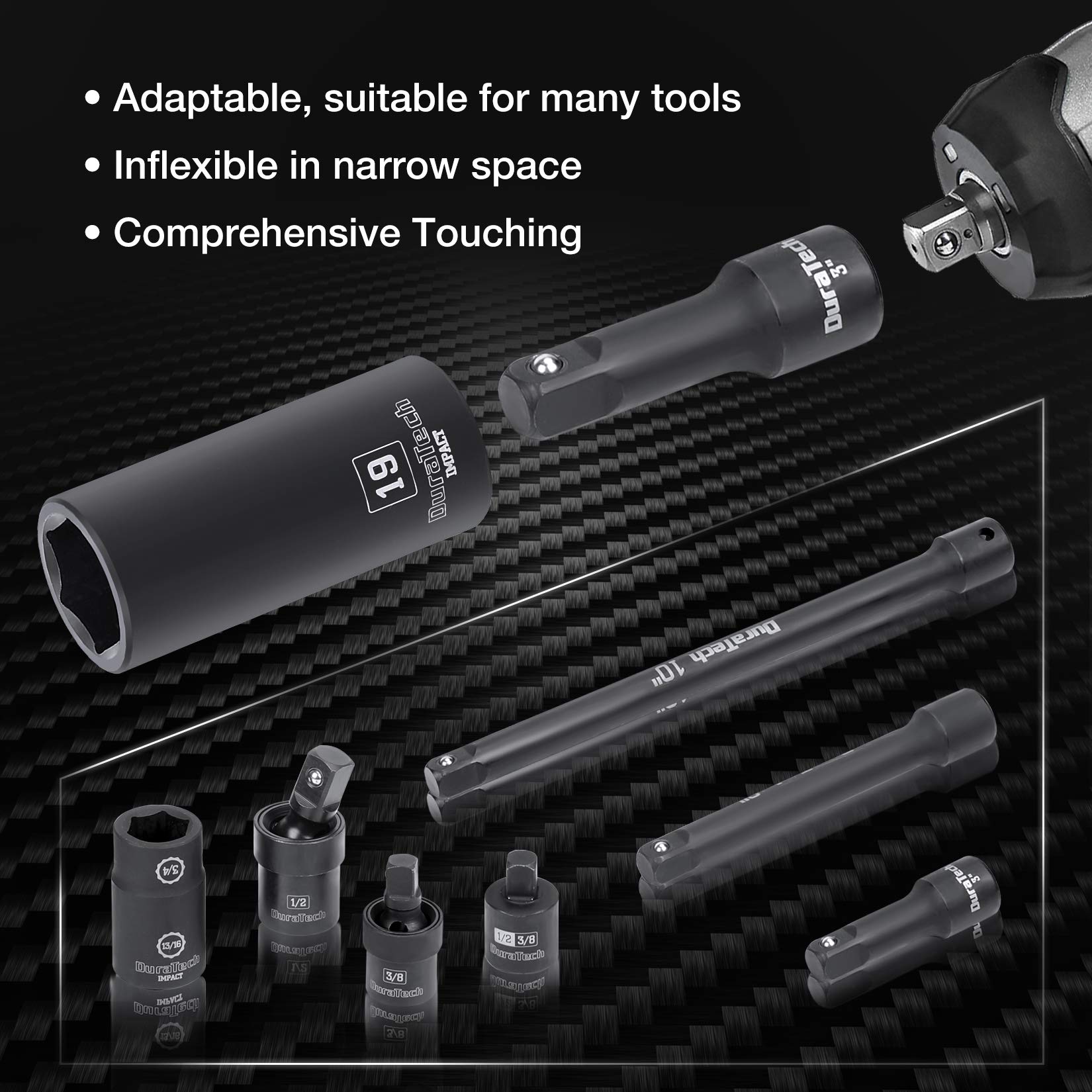 DURATECH 55-Piece Socket Set, 1/2’’ & 6 Point Impact Socket Set, 7 Accessories included, 24 Both Standard Impact Sockets and Deep Impact Sockets in SAE (3/8’’ to 1-1/16’’) & Metric (12 to 27mm)