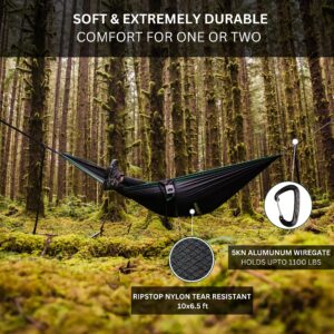 Camping Hammock with Bug Net and Rain Fly – Durable Ripstop Nylon Construction with 12’ Tree Straps, 5kn Carabiners, Tent Stakes and Waterproof Carry Bag