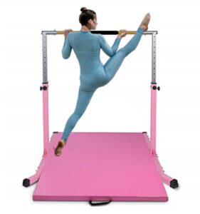 pro-gymnastics expandable kip bar adjustable height for gymnastics 3 to 5 ft gymnastics bar, with 6 ft x 4 ft tumble mat, horizontal junior training bar cushioned bar & curved legs (pink)