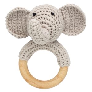 joliecraft woodland friends baby rattle shaker toy with wooden teething ring gray elephant