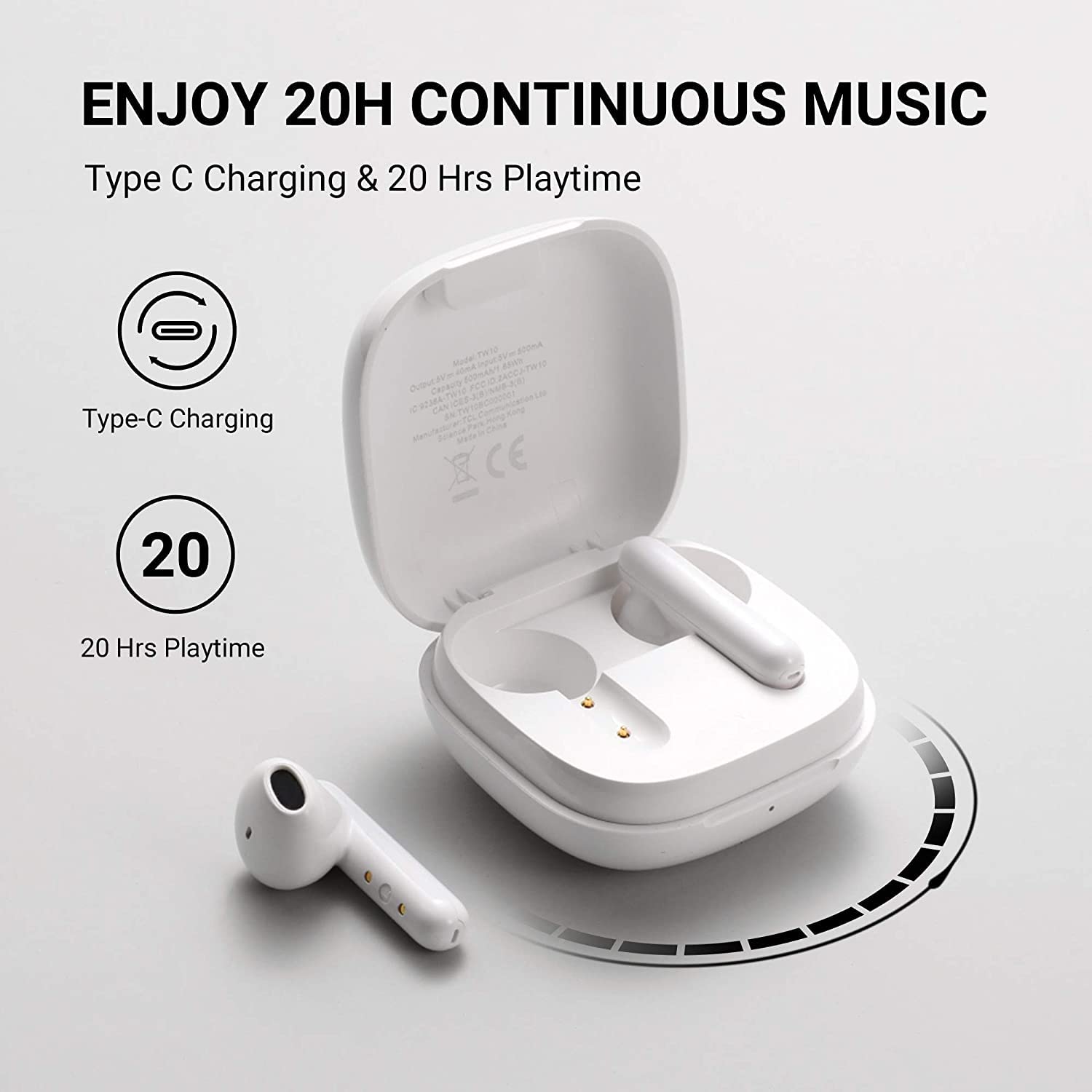 TCL S150 True Wireless Earbuds, Deep Bass with 13mm Drivers, Bluetooth 5.0 Headphones, Type C Charging Case, Noise Isolation, Waterproof Touch Control Wireless Earphones with Mic for Work, White