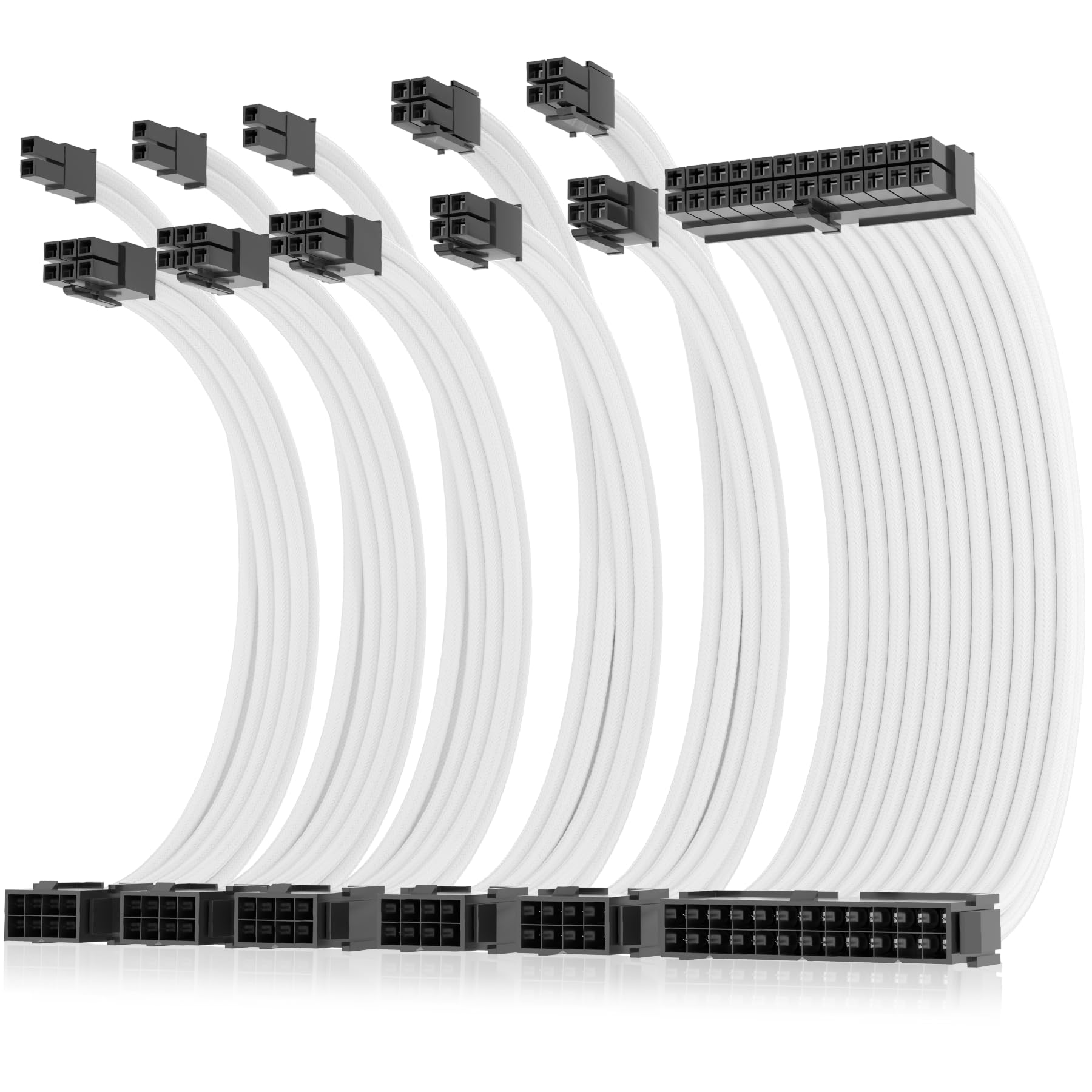 AsiaHorse 16AWG Pro Power Supply Sleeved Cable, White Power Supply Extension Cable Dual EPS Kit, 1x24-PIN/ 2x8-PORT (4+4) M/B,3x8-PORT (6+2) PCI-E, 30cm Length with 2 Set of Combs