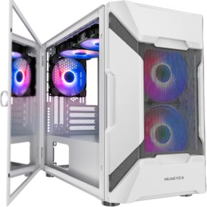 musetex mesh matx (micro-atx) mid tower case with 5 pcs × argb fans pre-installed and 2 pcs × usb 3.0 ports, magnetic design opening tempered glass panel gaming pc case (white, mk7-wn5)