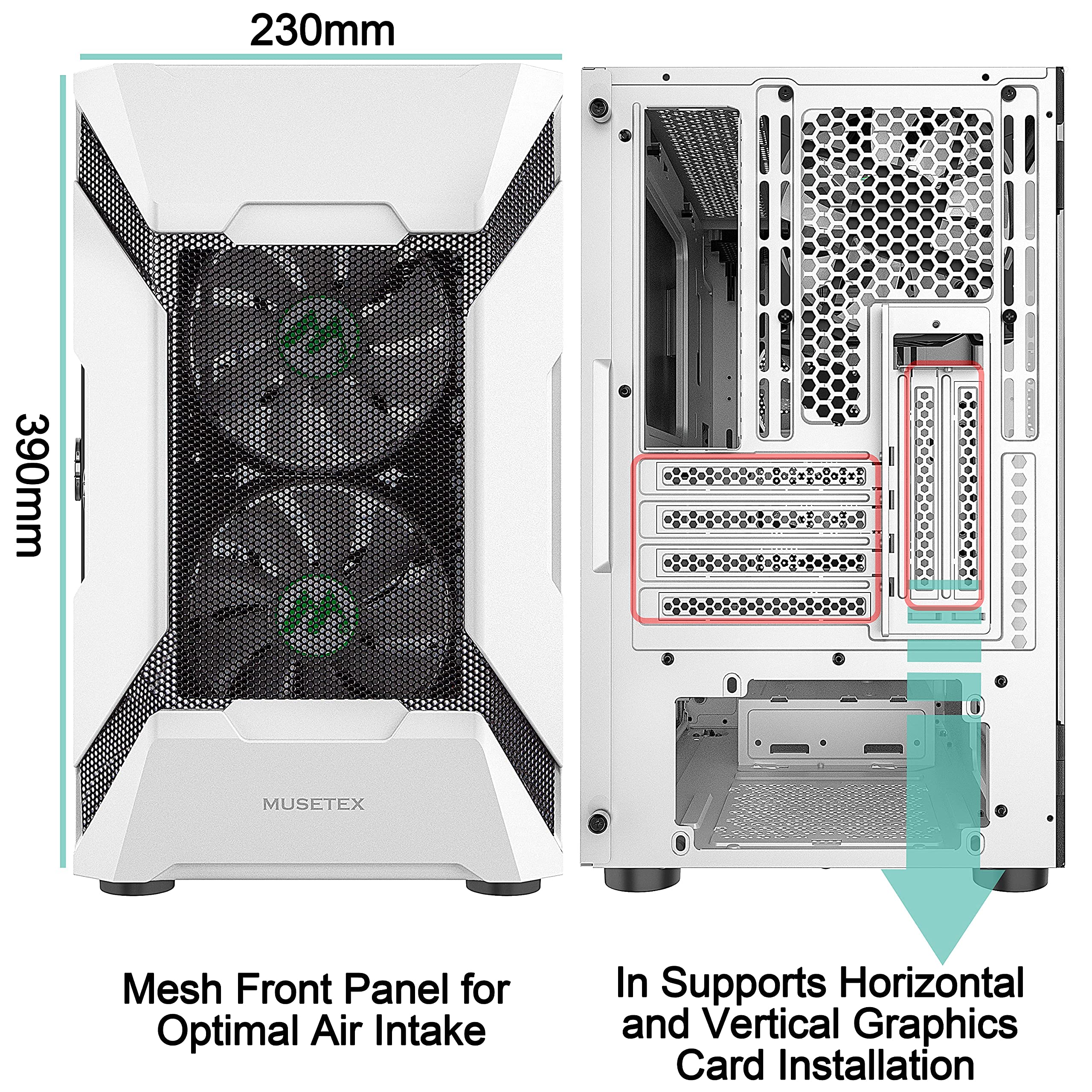 MUSETEX Mesh MATX (Micro-ATX) Mid Tower Case with 5 PCS × ARGB Fans Pre-Installed and 2 PCS × USB 3.0 Ports, Magnetic Design Opening Tempered Glass Panel Gaming PC Case (White, MK7-WN5)