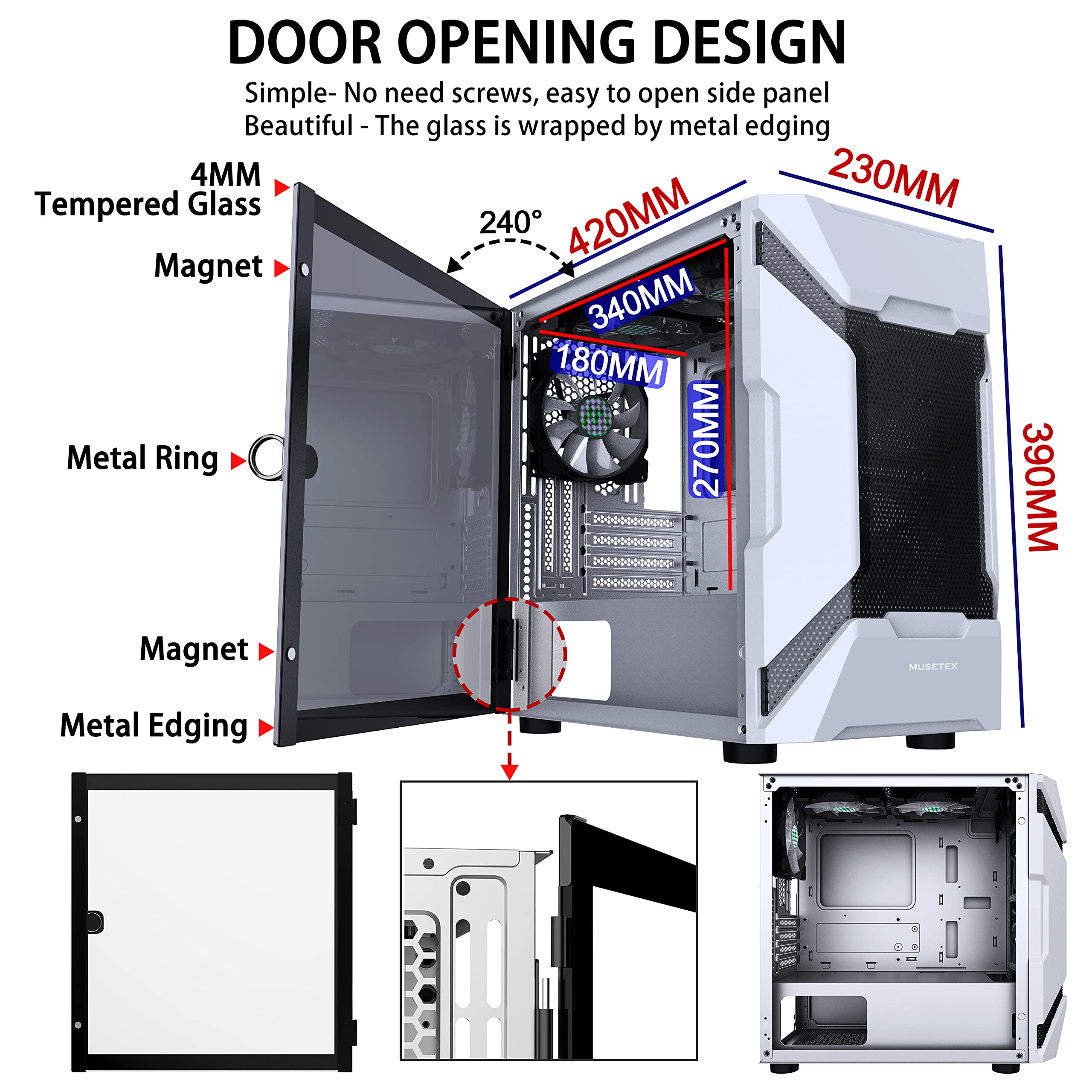 MUSETEX Mesh MATX (Micro-ATX) Mid Tower Case with 5 PCS × ARGB Fans Pre-Installed and 2 PCS × USB 3.0 Ports, Magnetic Design Opening Tempered Glass Panel Gaming PC Case (White, MK7-WN5)