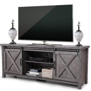 jaxsunny 58" farmhouse wood tv stand, tv console stand for tvs up to 65", storage cabinets with sliding barn doors, media entertainment console, grey oak