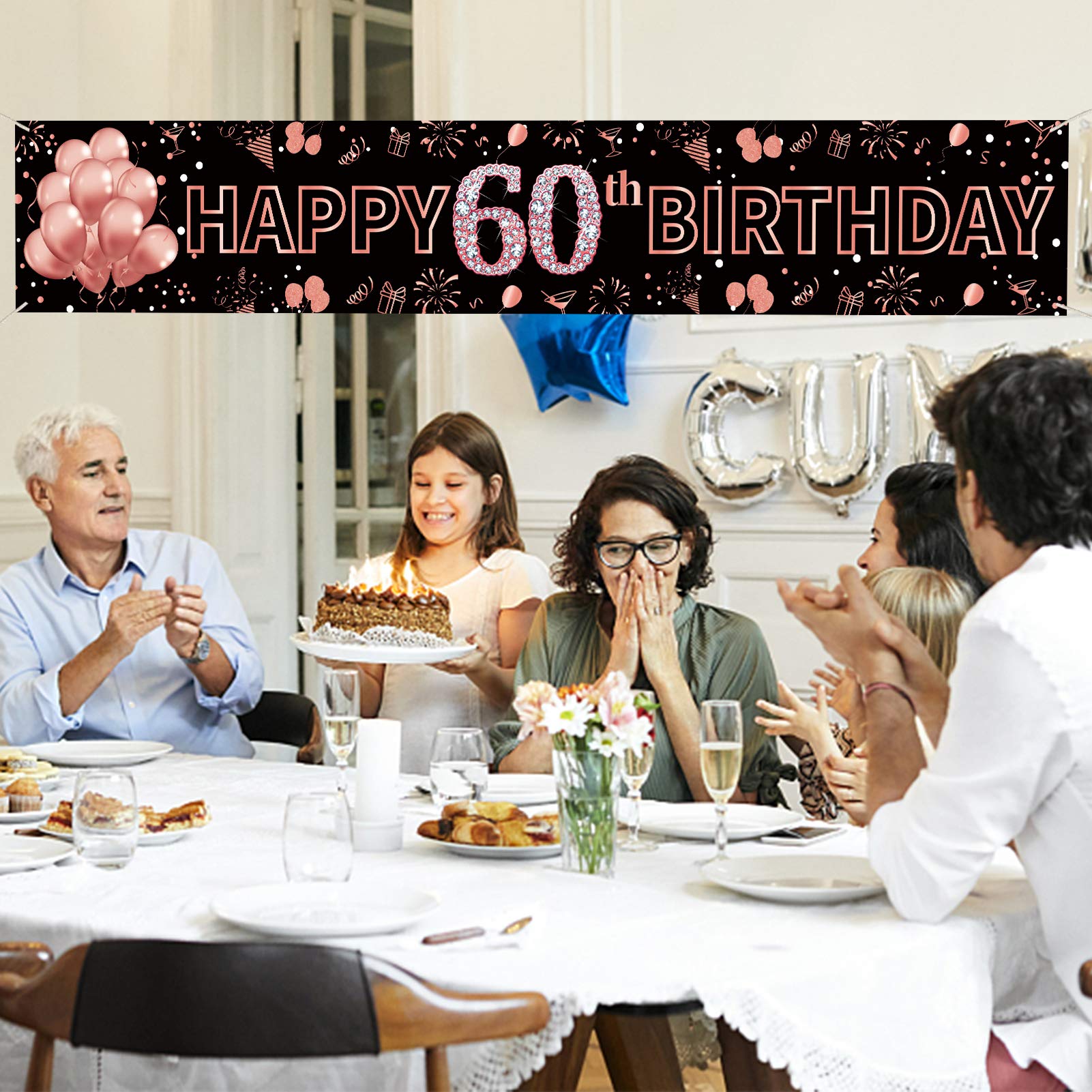 Pimvimcim Happy 60th Birthday Banner Decorations, Rose Gold Large 60 Birthday Party Sign Supplies, 60 Years Old Birthday Photo Booth Backdrop Decor for Women(9.8x1.6ft)