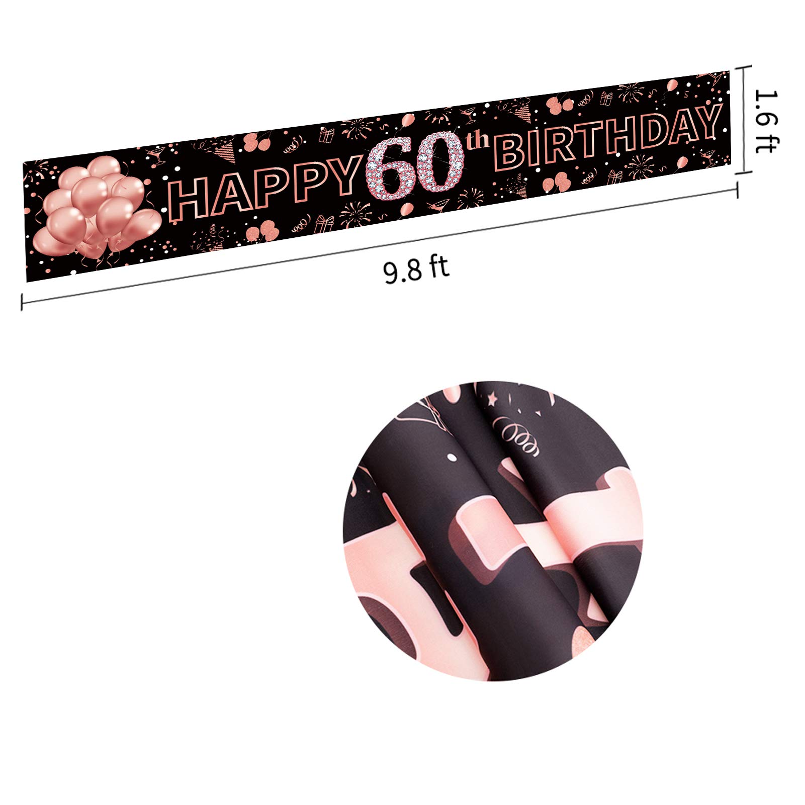 Pimvimcim Happy 60th Birthday Banner Decorations, Rose Gold Large 60 Birthday Party Sign Supplies, 60 Years Old Birthday Photo Booth Backdrop Decor for Women(9.8x1.6ft)