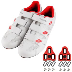 CyclingDeal Bicycle Road Bike Universal Cleat Mount Men's Cycling Shoes White with 9-Degree Floating Look ARC Delta Compatible Cleats Compatible with Peloton Indoor Bikes Pedals Size 49