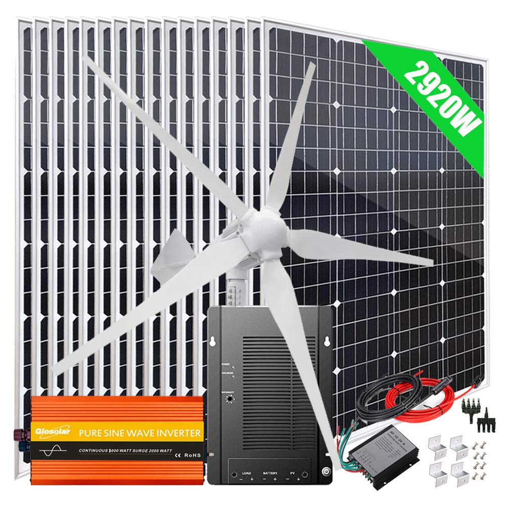 2920W Wind Solar Kit Off Grid System 48V Battery Charger :16x 120W Mono Solar Panel + 1000W Wind Turbine Generator + 40A MPPT Charge Controller + 3000W Inverter Peak 6000W