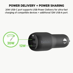 Belkin 32 Watt Dual USB Car Charger - Power Delivery 20W USB C Port & 12W USB A Port for PPS Charging Apple iPhone 14, 14 Pro, 14 Pro Max, iPhone 13, Samsung Galaxy, AirPods & More - USB-C Charger