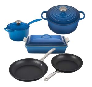 le creuset 8 piece multi-purpose enameled cast iron with ss knobs, stoneware, and toughened nonstick pro fry pan complete cookware set - marseille