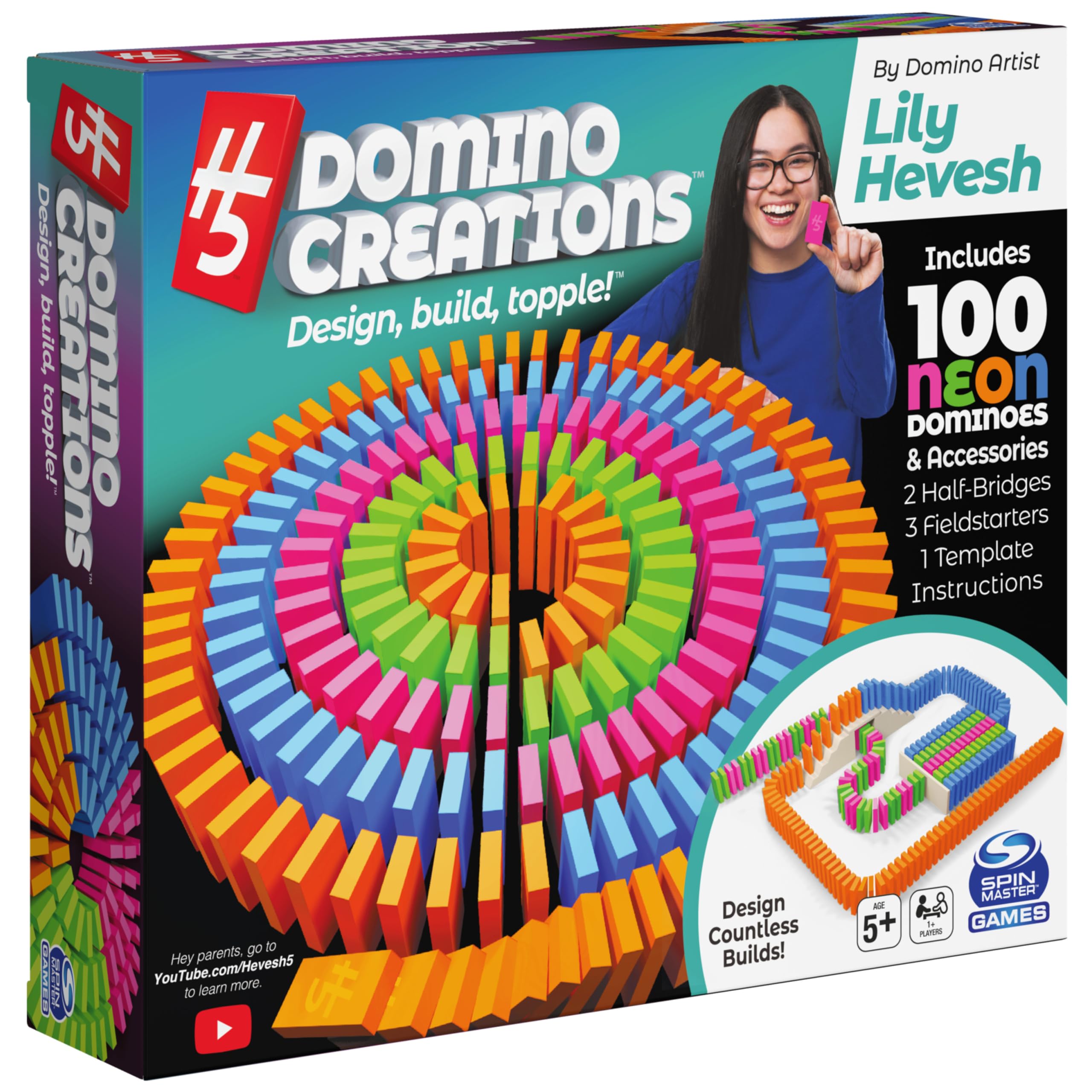 H5 Domino Creations 100-Piece Neon, Kids Games for Game Night, Building Toys for Outdoor Games, Lily Hevesh Dominoes Set for Adults & Kids Ages 5+