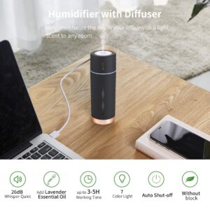 Humidifier with Essential Oils humidifiers,Mini Cool Mist Humidifier Ultrasound for Bedroom,Desktop,Travel,Car 7 Colorful,Two Spray Modes,Auto Shut-Off Black