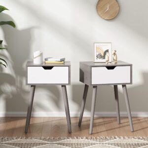 jaxpety set of 2 modern wood nightstand, bedside table with drawer, night stand, end table with solid wood legs for bedroom home, grey