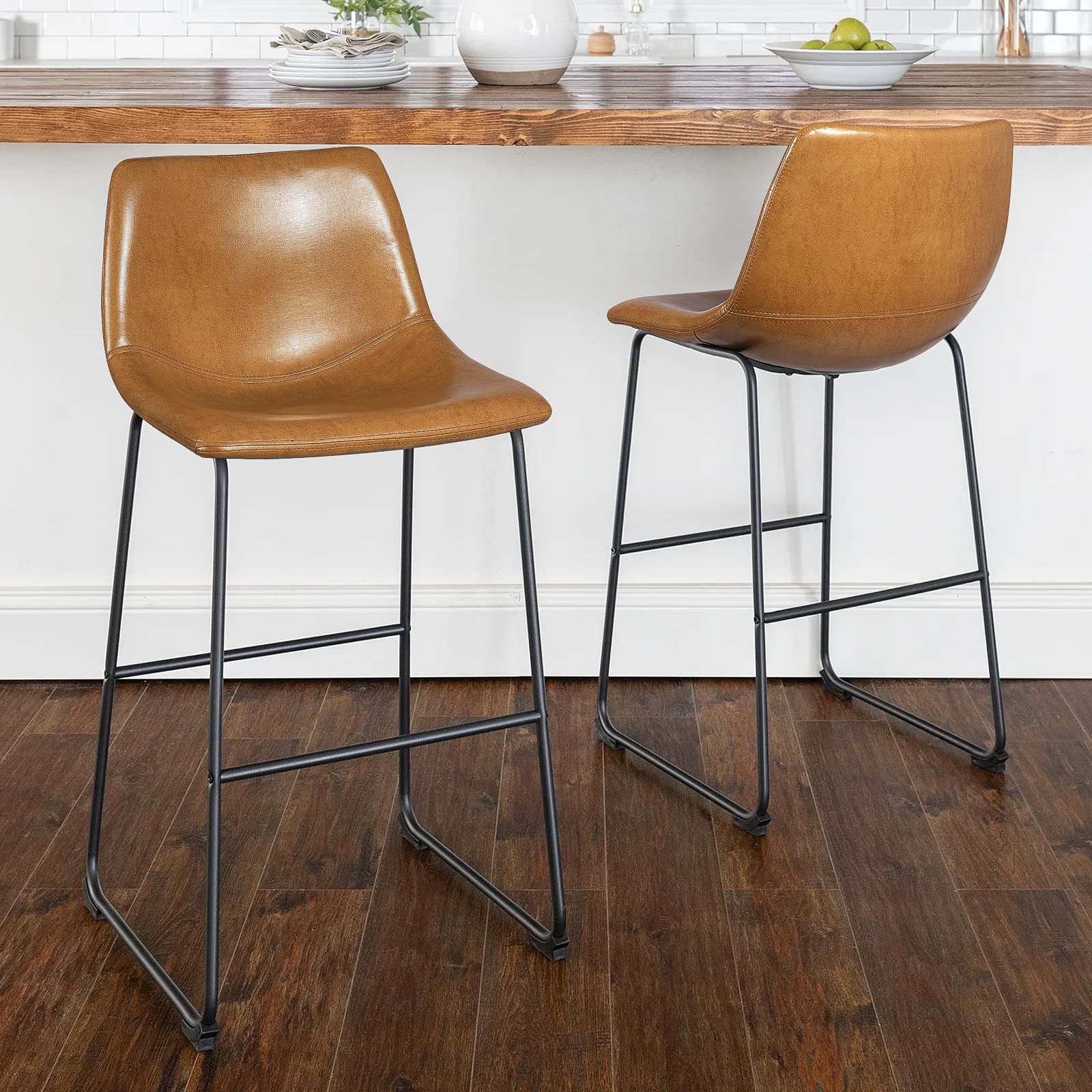 LEMBERI 30 inch Bar Stools Set of 2, Modern Bar Height Barstools, Faux Leather Stool with Back and Metal Leg, Armless Tall Bar Dining Chairs for Pub Counter Kitchen (Whisky, 2pcs 30")