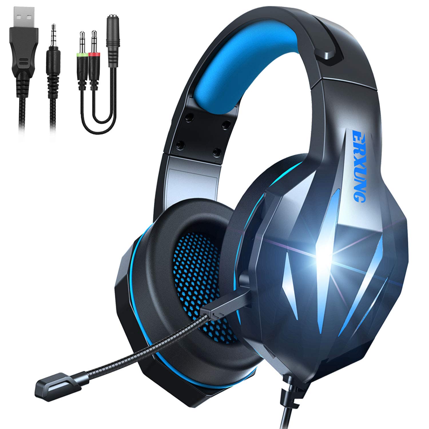 TYUOBOX Gaming Headset with Microphone for PS4, Xbox One, PC, Headphones with Mic,Noise Cancelling Microphone, LED Light, Bass Surround for Playstation Nintendo PS3 Games (Black Blue)