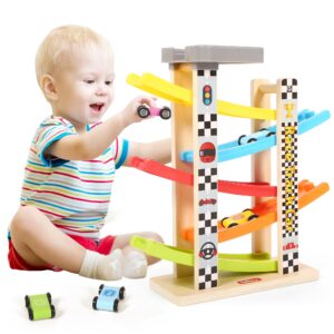belleur montessori toy for 1-3 years old boys and girls, kid wooden race track car, toddler ramp racer set with 5 mini cars & 5 ramps, perfect for babies' birthday gifts, visit gifts