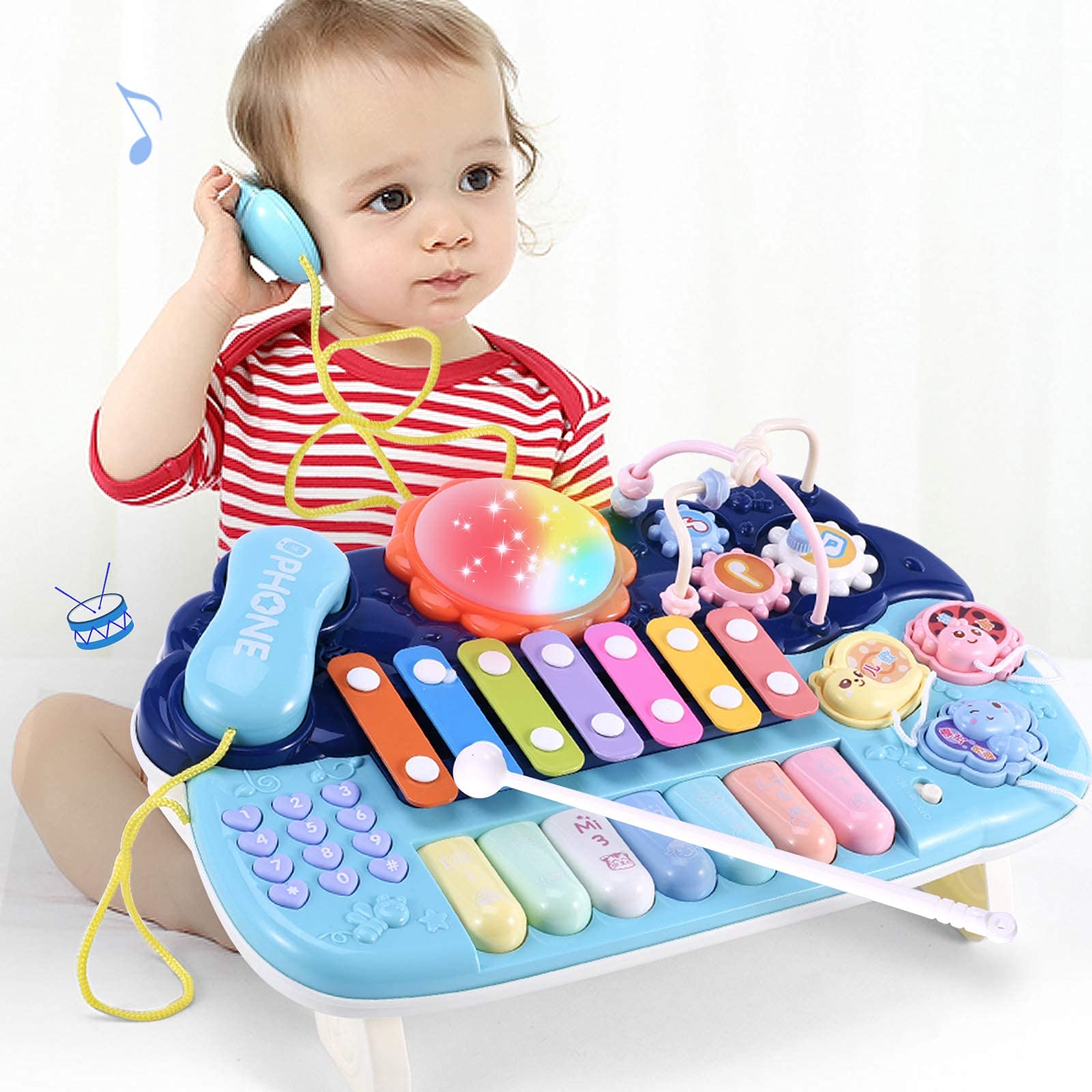 Musical Toys for Toddlers 1-3 6 in 1 Multifunction Baby Musical Toys Piano Drum Set Xylophone Bead Maze Gear Kids Phone Toys Electronic Learning Toys for Baby Infant Toddler Birthday Gifts for Kids