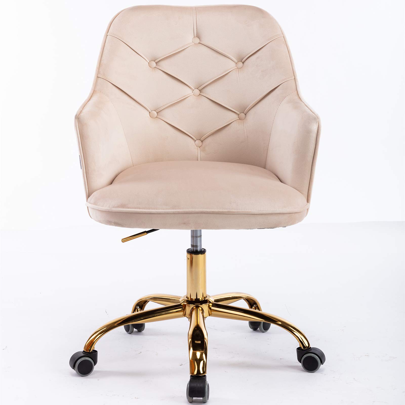 SSLine Elegant Velvet Desk Chair for Girls Women Modern Swivel Office Computer Chair on Wheels Cute Vanity Chair Leisure Chair w/Arm for Home Study Living Room (Beige and Gold Base)