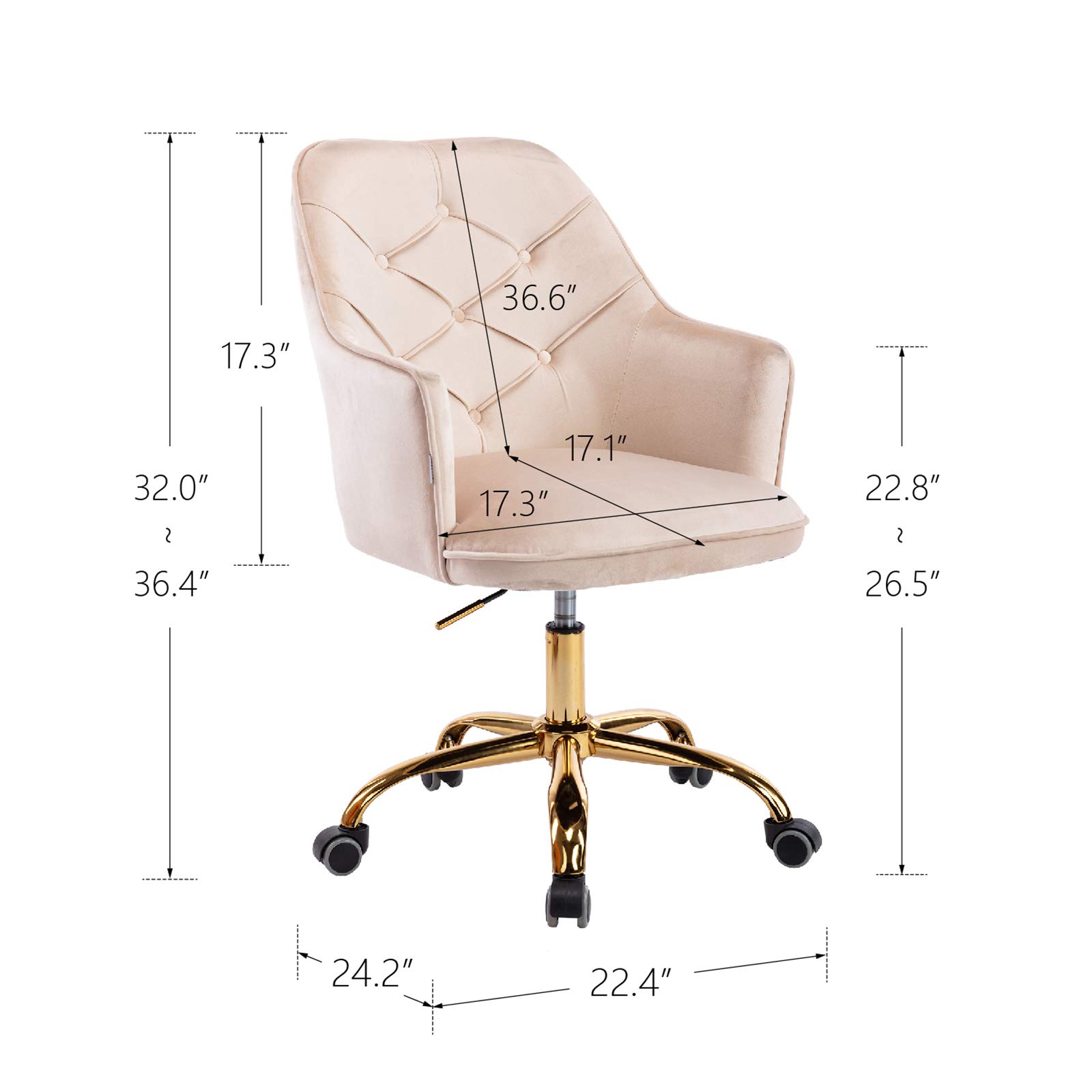 SSLine Elegant Velvet Desk Chair for Girls Women Modern Swivel Office Computer Chair on Wheels Cute Vanity Chair Leisure Chair w/Arm for Home Study Living Room (Beige and Gold Base)