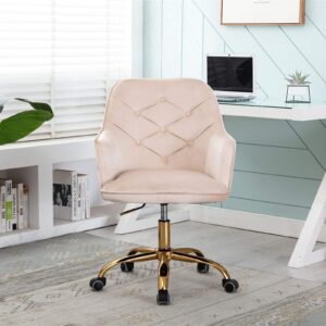 SSLine Elegant Velvet Desk Chair for Girls Women Modern Swivel Office Computer Chair on Wheels Cute Vanity Chair Leisure Chair w/Arm for Home Study Living Room (Beige and Gold Base)