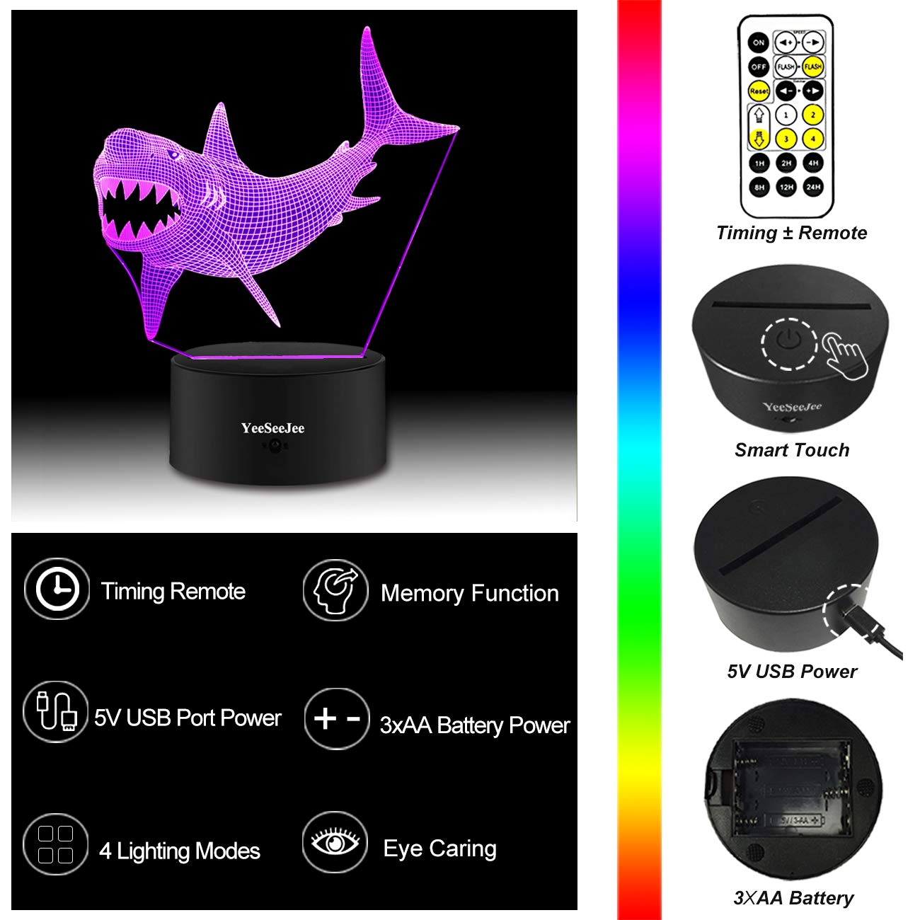 YeeSeeJee Shark Toys,Shark Night Light with 7 Colors Adjustable Timer Remote Control Shark Toys for Boys Birthday Gifts for Girls Age 5 6 7 8 9 Year Old Boys Gifts (Shark 7CB)