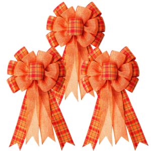 3pcs large fall thanksgiving wreath gift bow -18.8x10.6inch orange buffalo plaid check wreath swag bow wreath pre-tied bow for fall, thanksgiving, christmas, home indoor outdoor ornaments