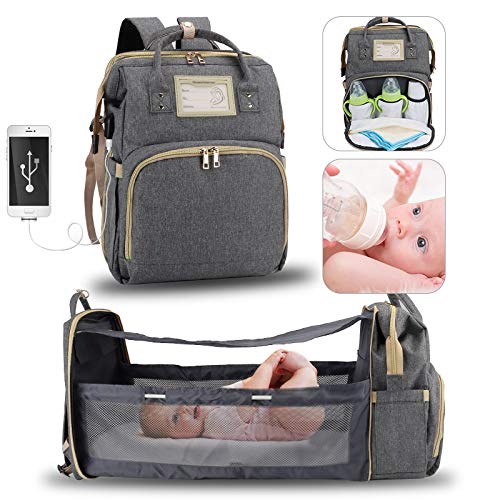 YINGFEI Diaper Bag Backpack Rucksack, Portable Crib by Foldable Baby Bed and Changing Mat, Travel Nappy Bag of Babysit