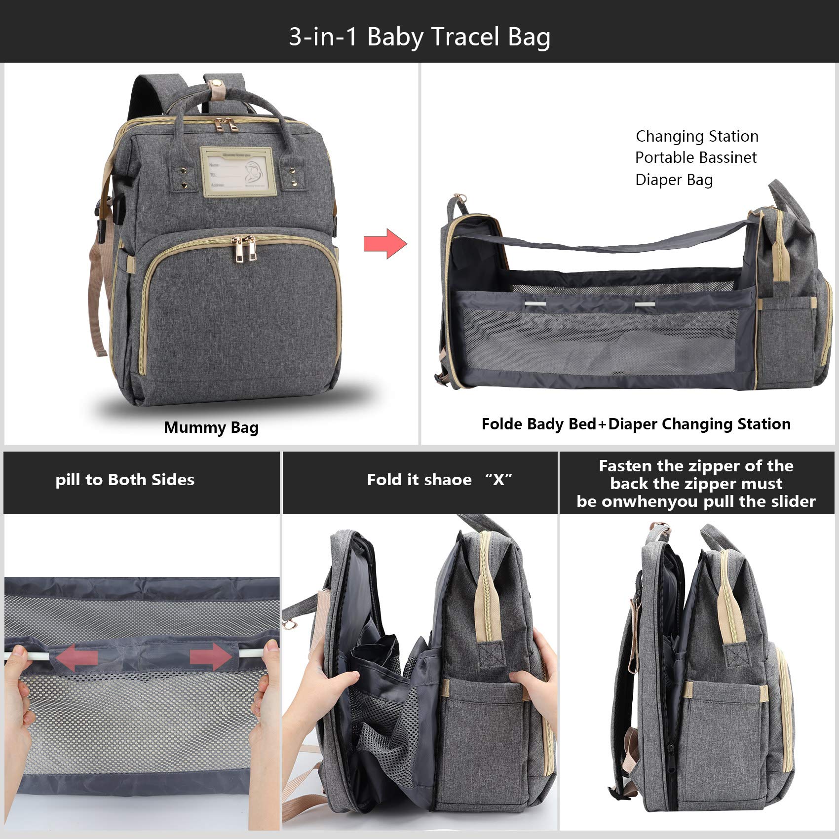 YINGFEI Diaper Bag Backpack Rucksack, Portable Crib by Foldable Baby Bed and Changing Mat, Travel Nappy Bag of Babysit