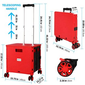 Rolling Cart with Wheels Folding Portable Plastic Crate Foldable Utility Handle Handcart with Lid 4 Wheeled Grocery Storage Heavy Duty Collapsible Mobile Trolley Box for Shopping, Office, Travel