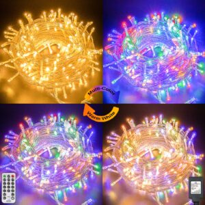 decute colors changing christmas tree lights 4 colors in 1 string lights, 11 modes 300leds 108ft extendable waterproof indoor outdoor fairy lights warm white & multicolor with timer remote