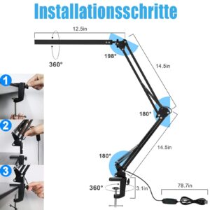 LED Desk Lamp, Swing Arm Desk Lamps with Clamp, Eye-Care Architect Desk Lights, 3 Color Modes & 10 Adjustable Brightness Levels, Table Lamps with Memory Function, Desk Lamp for Home Office(Black)