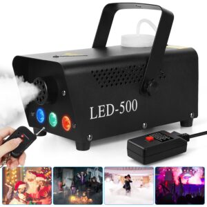 fog machine, 500w portable led fog machine with 11ft wired receiver and wireless remote control, three-color smoke machine suitable for christmas/valentine's day/halloween/wedding/party/dj (black)