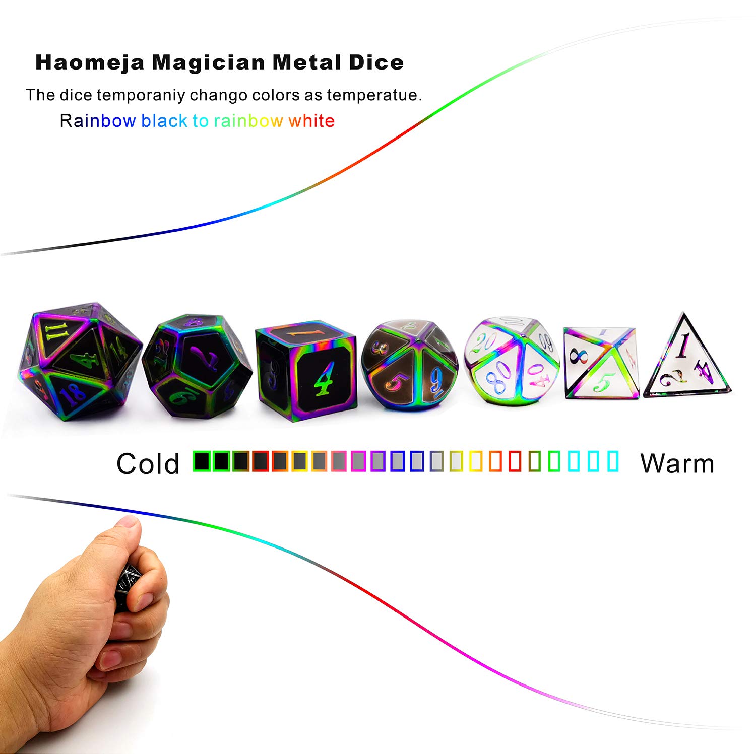 HAOMEJA Color Changing Temperature Metal DND dice kit, D&D dice Set Role Playing Dice Dungeons and Dragons Black Transition White