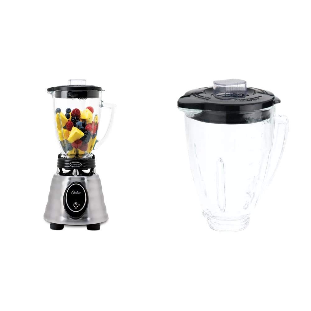 Oster BPCT02-BA0-000 6-Cup Glass Jar 2-Speed Toggle Beehive Blender, Brushed Stainless & Blender 6-Cup Glass Jar, Lid, Black and clear