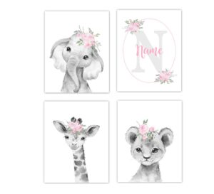 baby girl nursery wall art floral safari animals elephant giraffe lion room decor 4 unframed prints