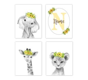 baby girl nursery wall art sunflowers floral safari animals elephant giraffe lion room decor 4 unframed prints