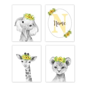 Baby Girl Nursery Wall Art Sunflowers Floral Safari Animals Elephant Giraffe Lion Room Decor 4 UNFRAMED PRINTS