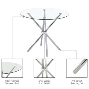 Modern Round Dining Table with Clear Tempered Glass Top, 4 Chrome Legs Kitchen Table for 2 or 4 Person,Round Dining Table Furniture for Home Office Kitchen Dining Room(W 35.4 x L 35.4 x H 29.5 inch)