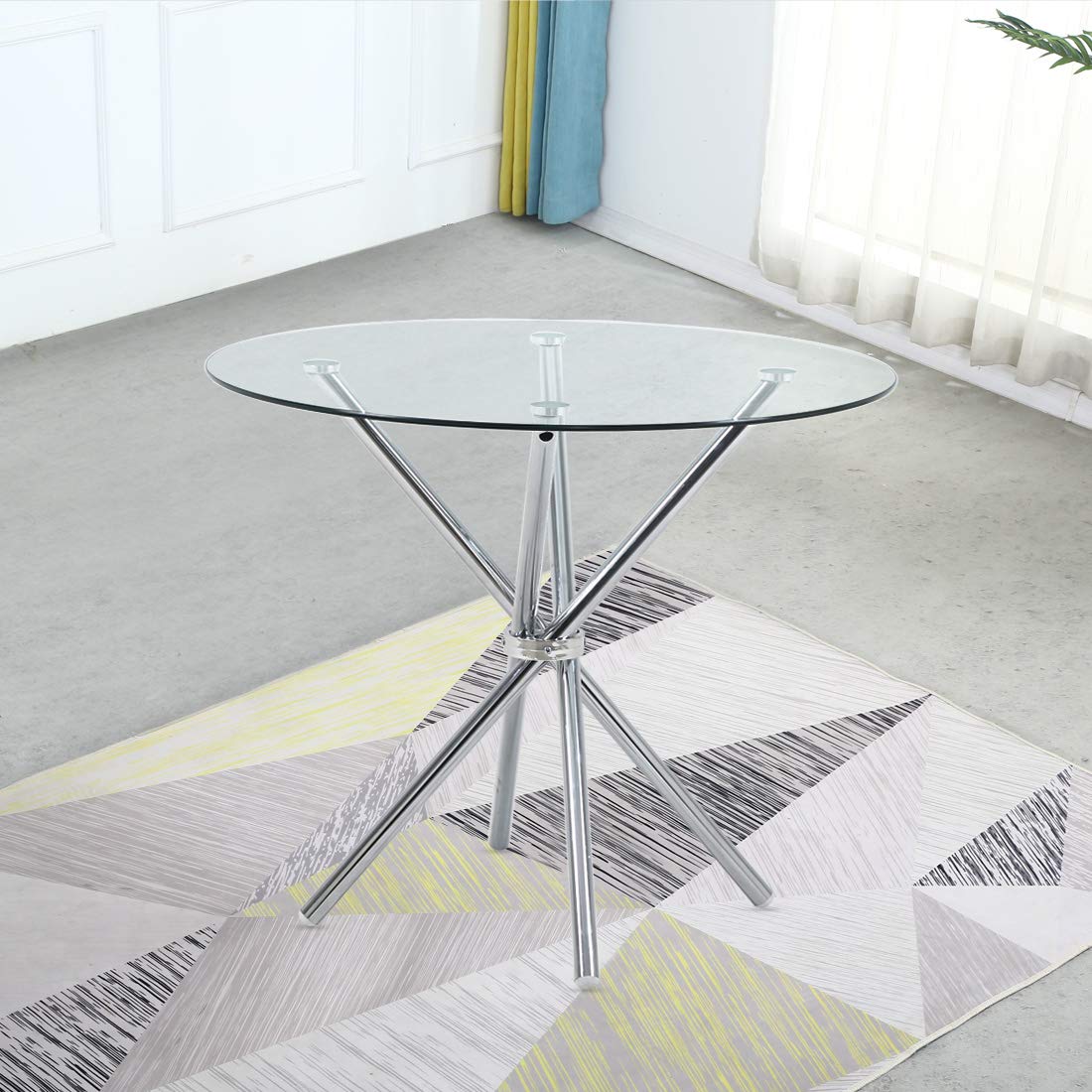 Modern Round Dining Table with Clear Tempered Glass Top, 4 Chrome Legs Kitchen Table for 2 or 4 Person,Round Dining Table Furniture for Home Office Kitchen Dining Room(W 35.4 x L 35.4 x H 29.5 inch)