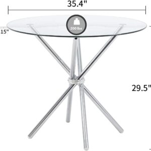 Modern Round Dining Table with Clear Tempered Glass Top, 4 Chrome Legs Kitchen Table for 2 or 4 Person,Round Dining Table Furniture for Home Office Kitchen Dining Room(W 35.4 x L 35.4 x H 29.5 inch)