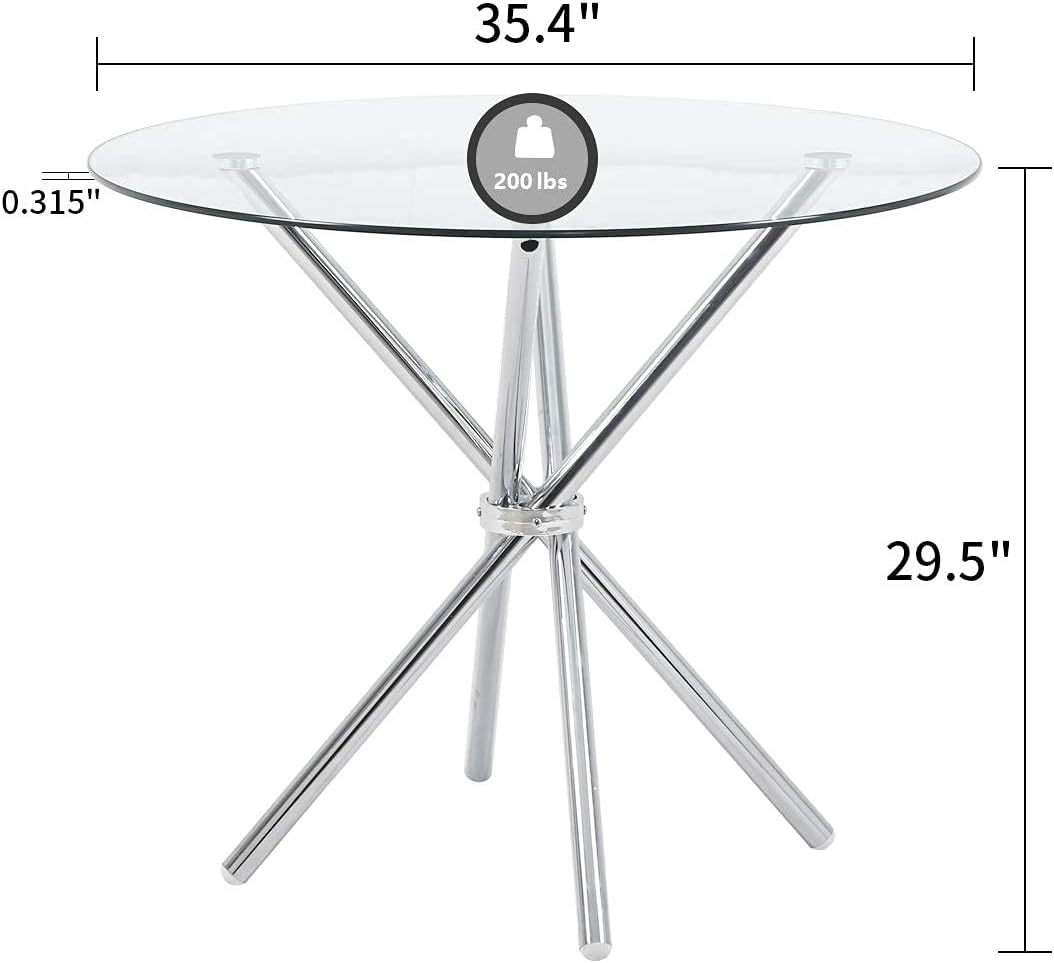 Modern Round Dining Table with Clear Tempered Glass Top, 4 Chrome Legs Kitchen Table for 2 or 4 Person,Round Dining Table Furniture for Home Office Kitchen Dining Room(W 35.4 x L 35.4 x H 29.5 inch)