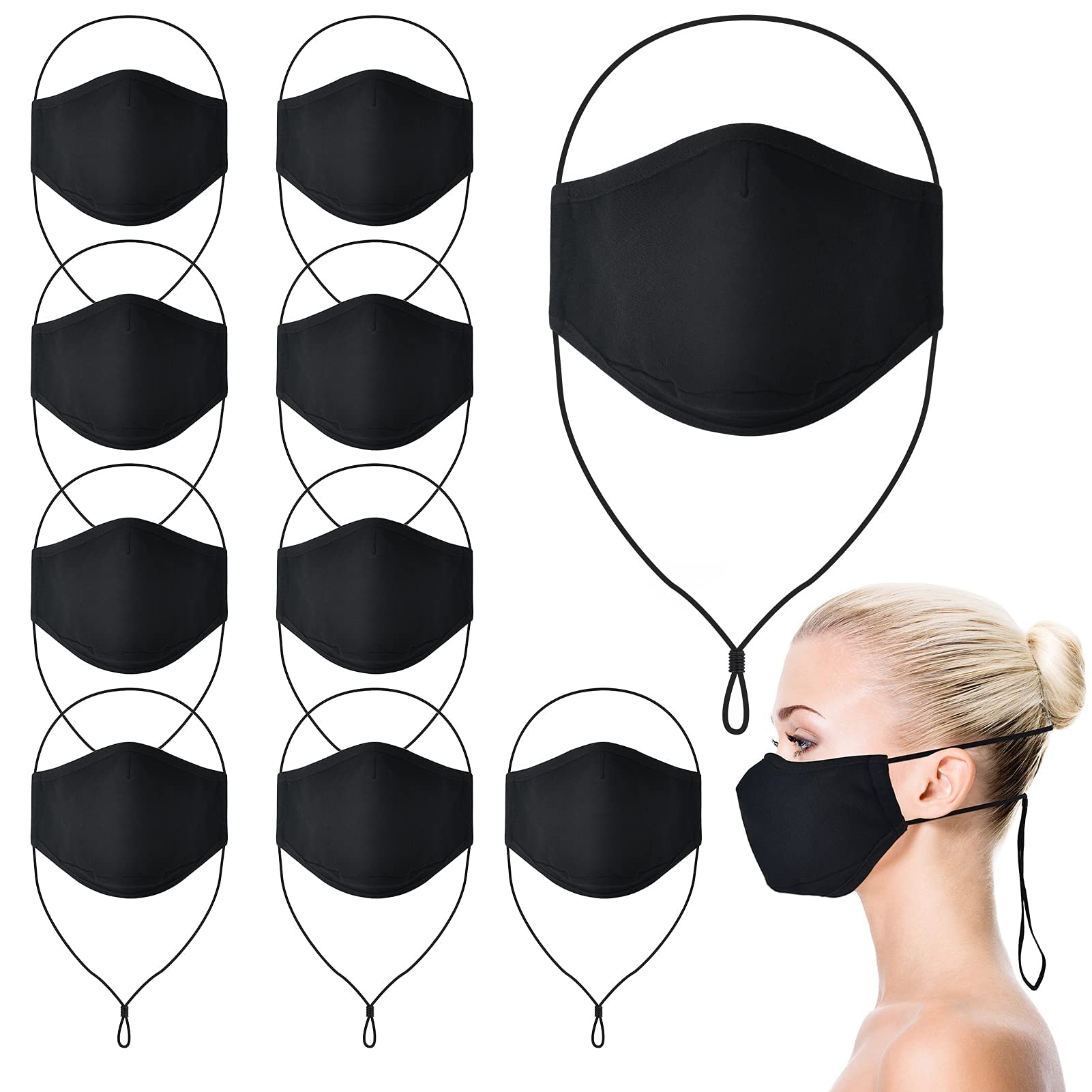 Vstarner Face Masks, Black Fashion Face Mask 3-Ply Mask Clips to Protect Ears Unisex Reusable Washable for Adjustable Ear Strapes 10 PCS