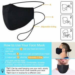 Vstarner Face Masks, Black Fashion Face Mask 3-Ply Mask Clips to Protect Ears Unisex Reusable Washable for Adjustable Ear Strapes 10 PCS